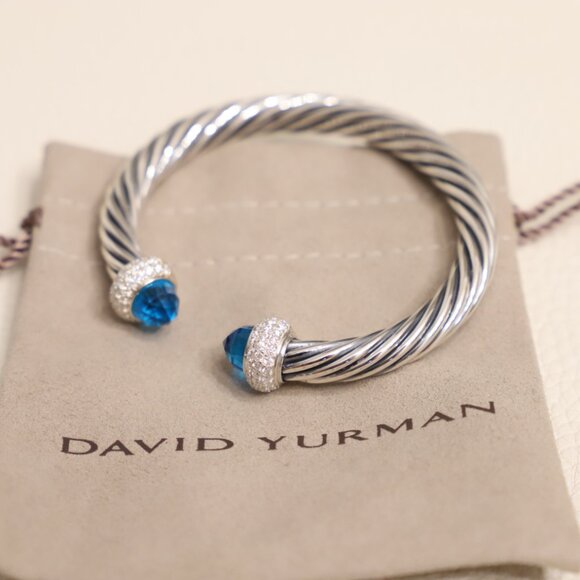 David Yurman Sterling Silver 7mm Candy Cable Bracelet Blue Topaz with Diamonds - Picture 3 of 5